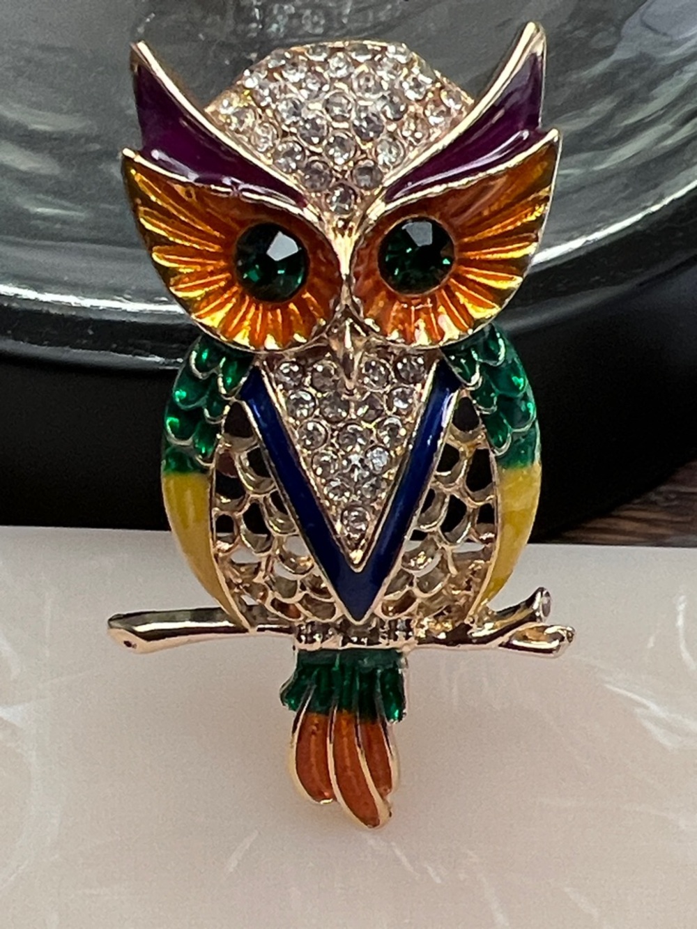 3/$18 Colorful Crystal Owl Brooch - Multicolor Enamel and Rhinestones Lot 7023